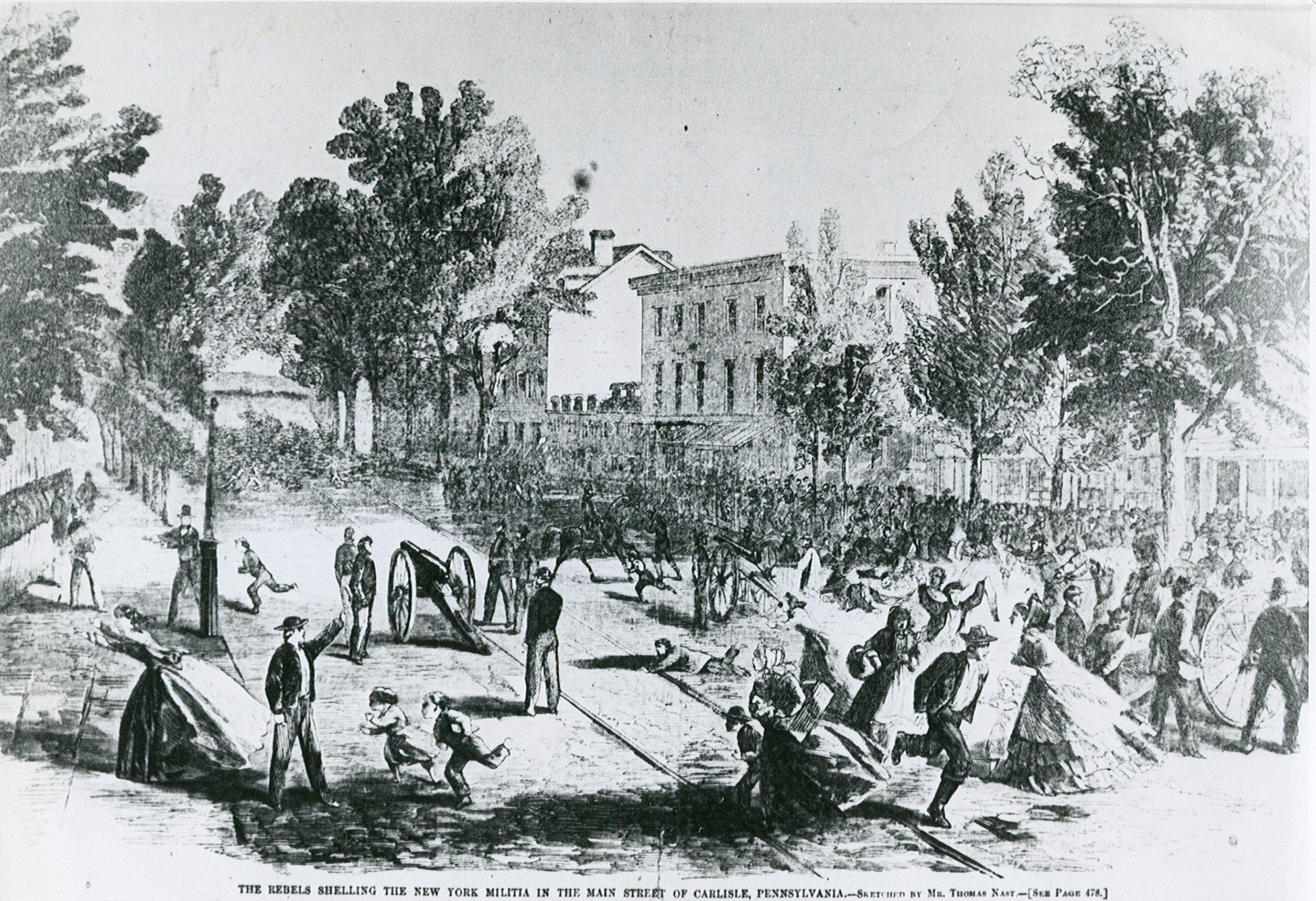 Thomas Nast drawing depicting the shelling of Carlisle by Confederate troops 