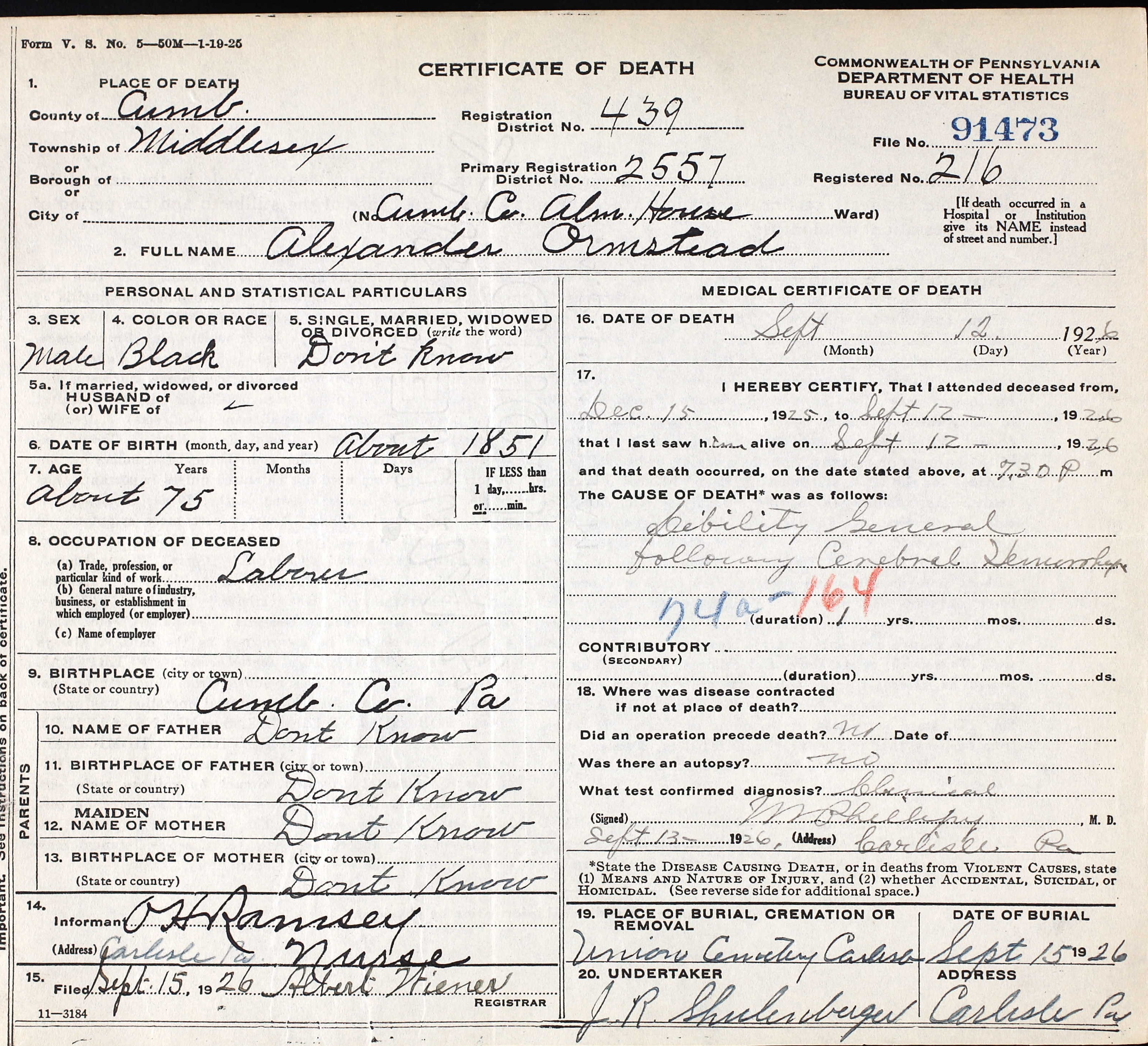 Picture of yellowed death certificate with cursive handwriting