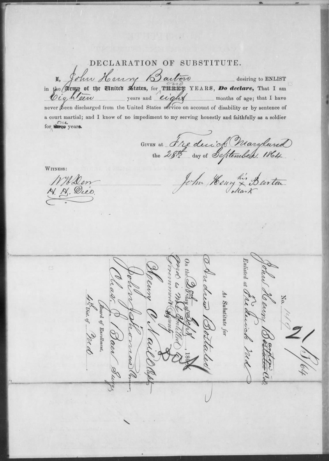 Image of John H. Barton's Declaration of Substitute (Fold3.com) 