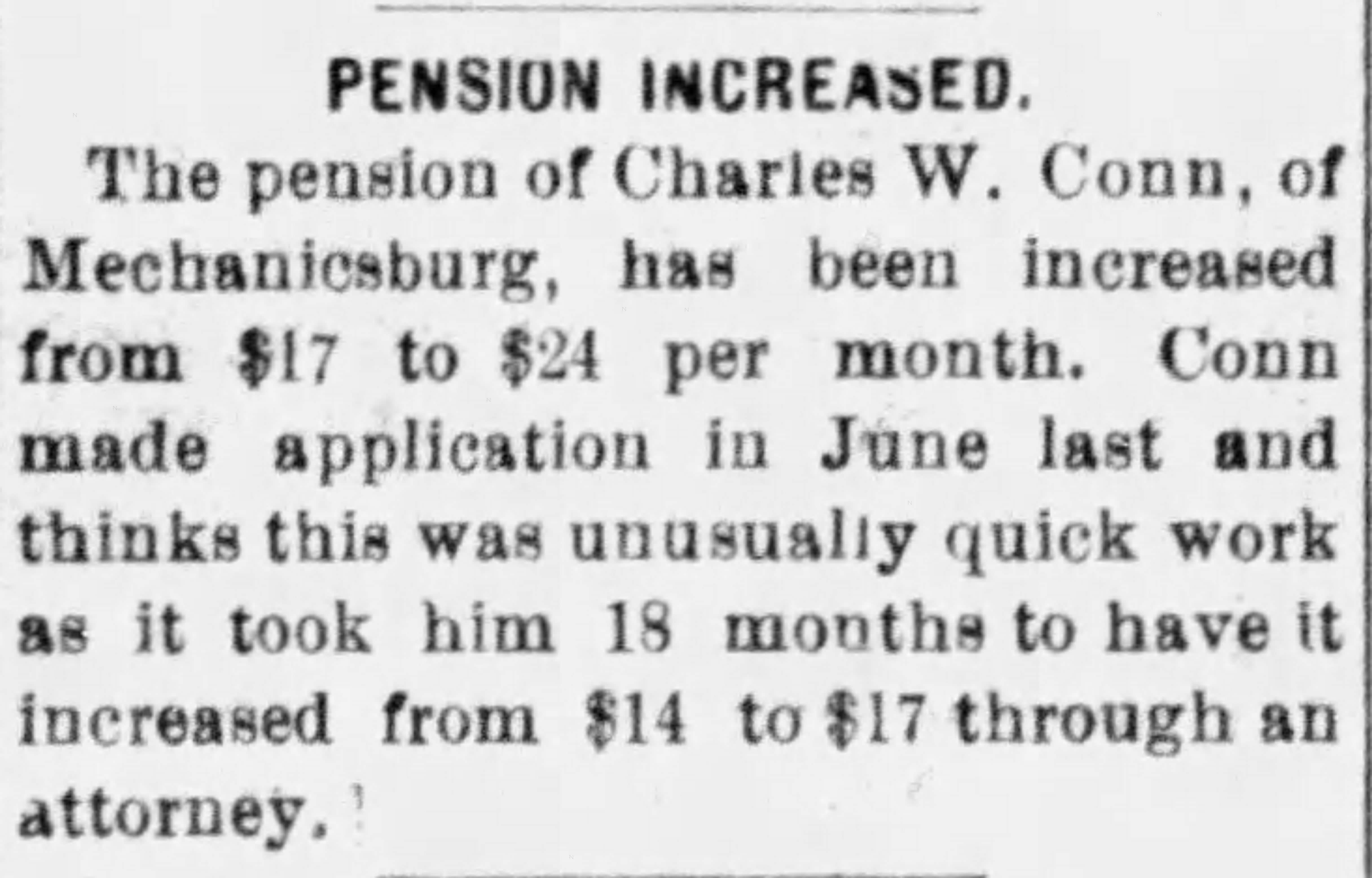 A newspaper article about Charles Conn's pension increase