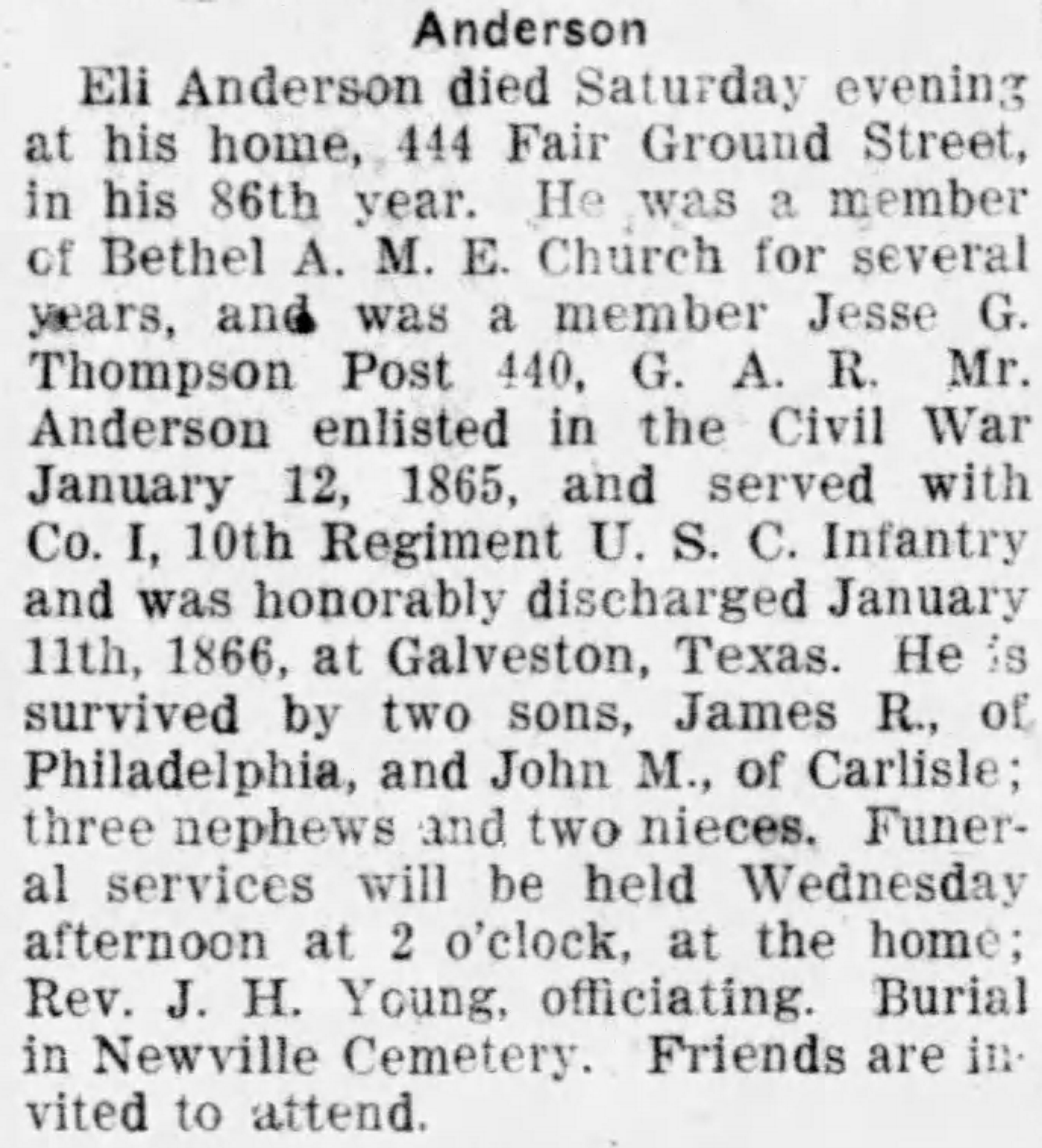 A newspaper obituary announcing the death of Eli Anderson
