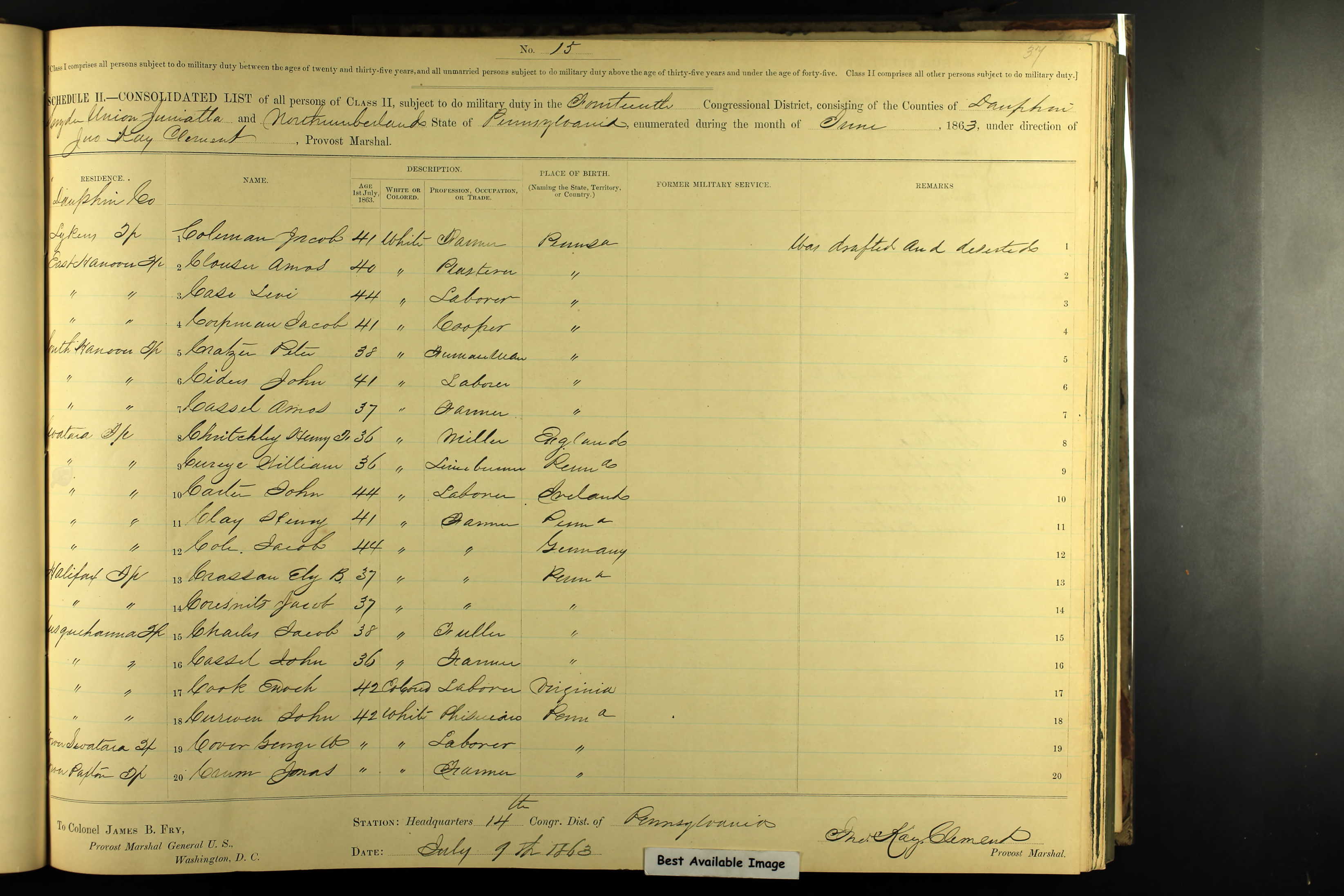 A photograph of a yellowed draft registration record book. 