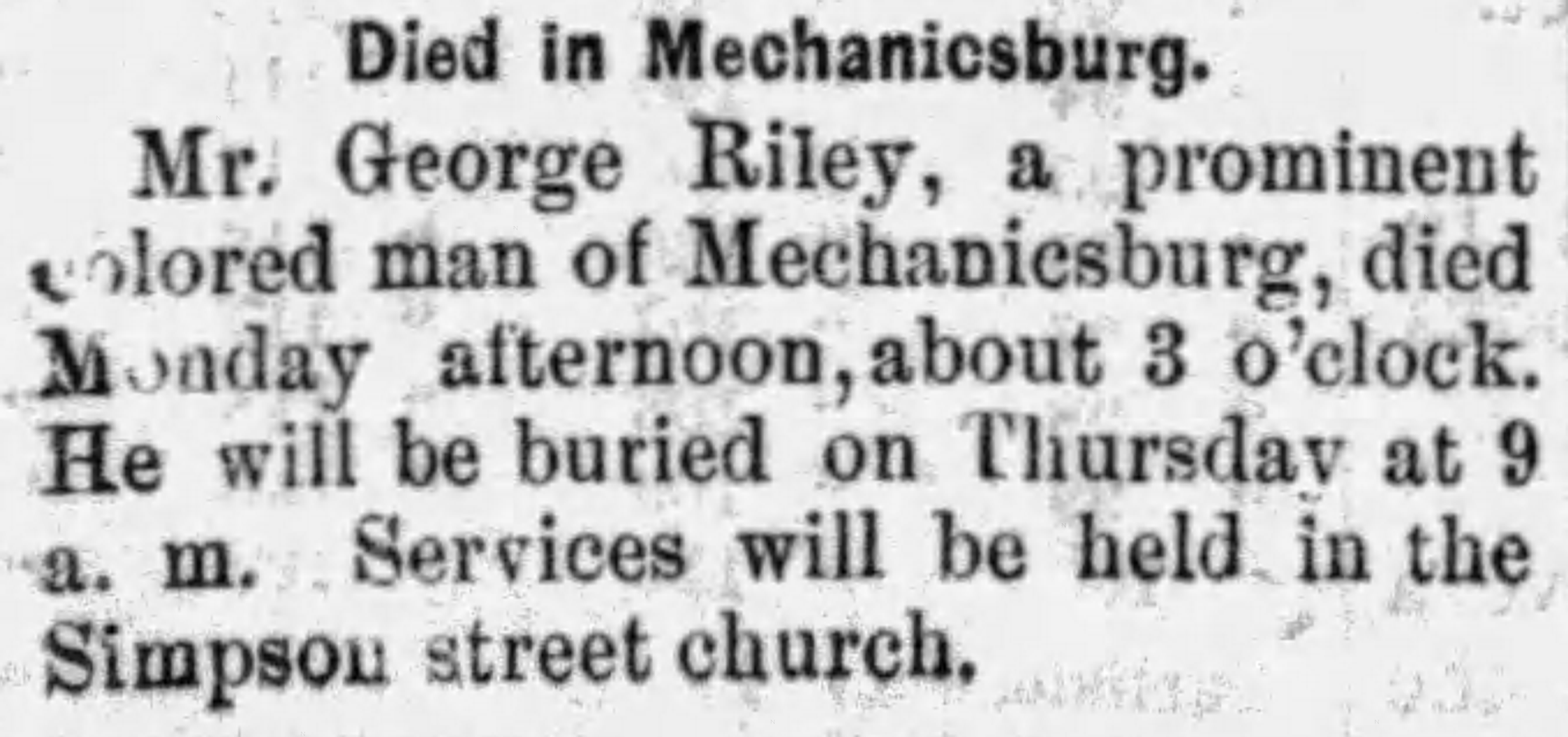 Newspaper notice about the death of George Riley