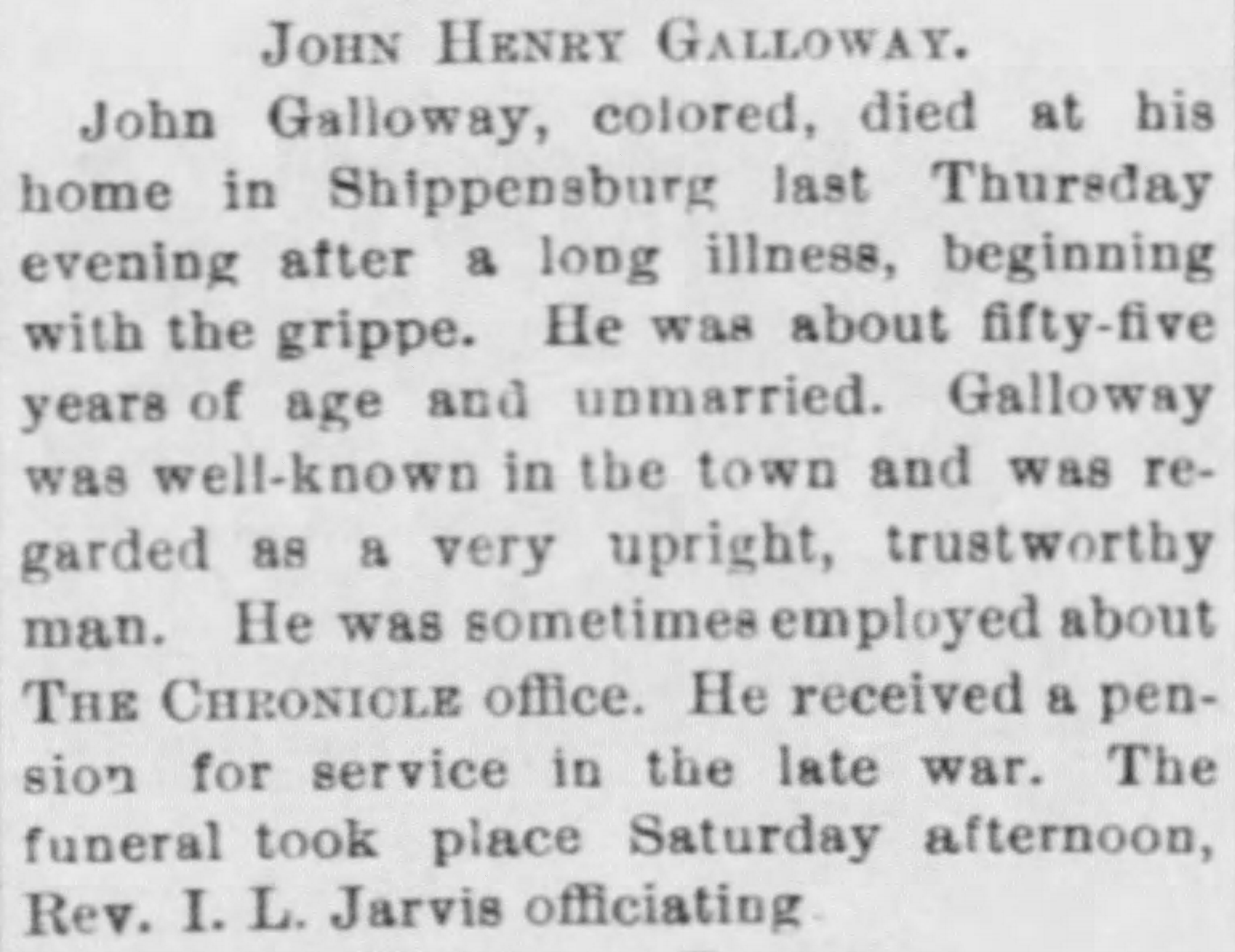 Newspaper obituary for John Henry Galloway