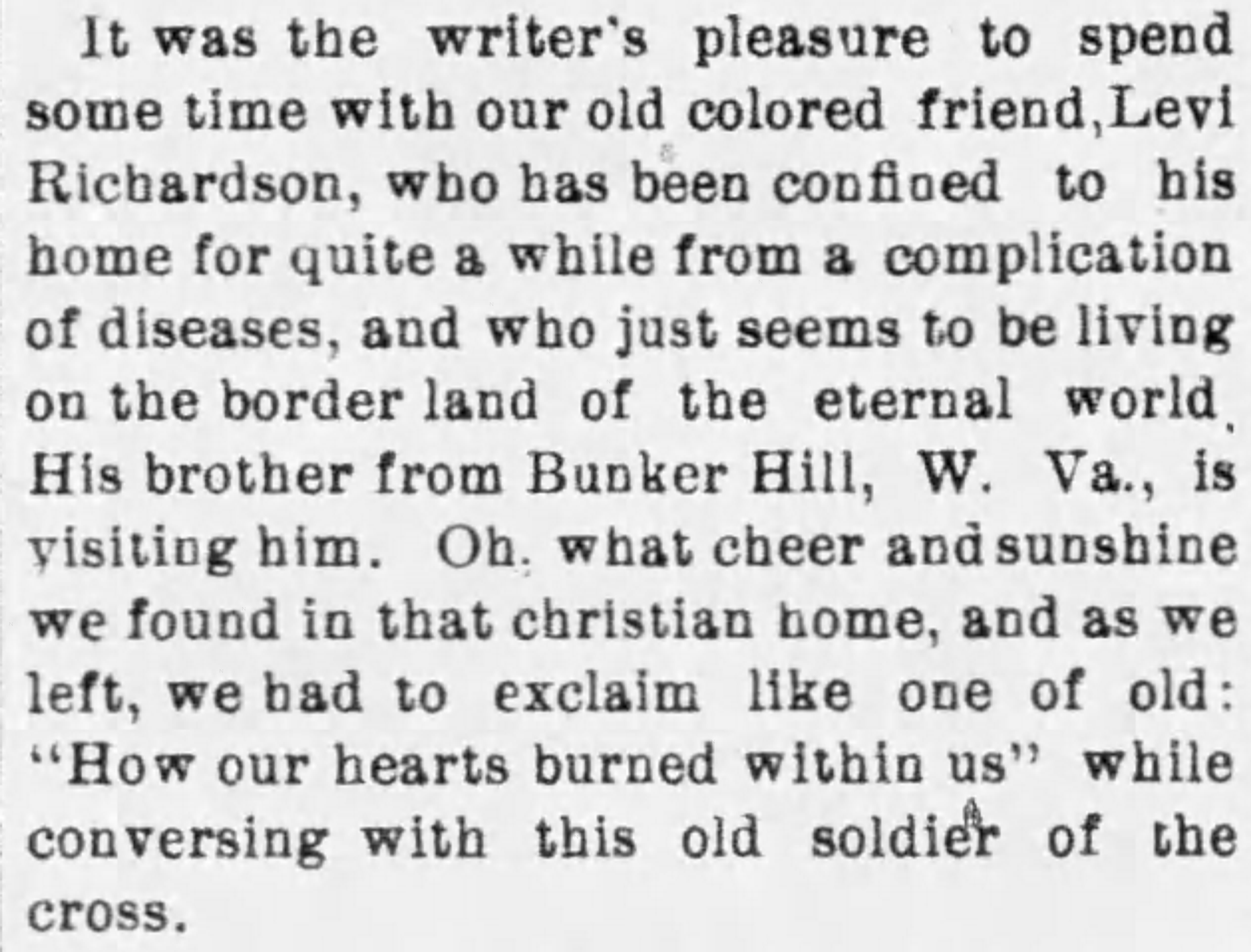 Short newspaper article about a visit the writer paid to Levi Richardson towards the end of his life