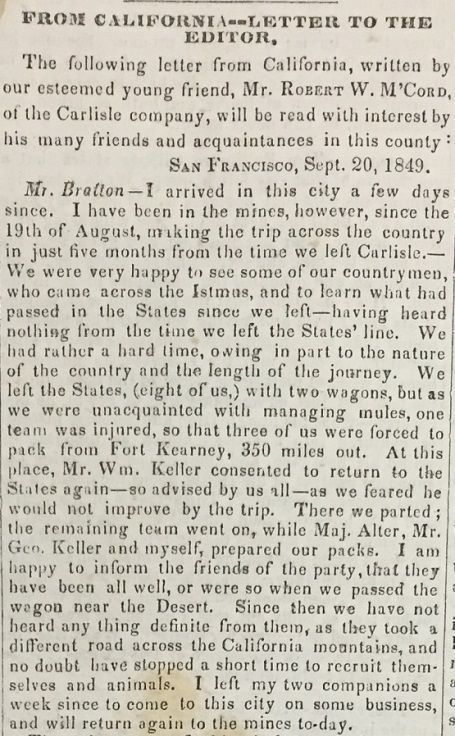 Scan of McCord's letter in the American Volunteer, November 11, 1849.