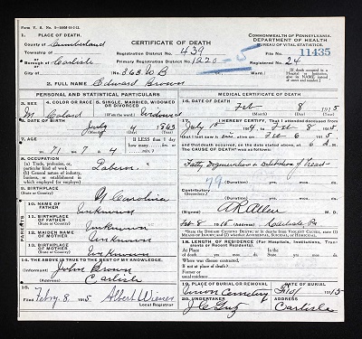 Pennsylvania Death Certificate for Edward Brown