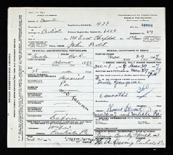 Pennsylvania Death Certificate for John Belt