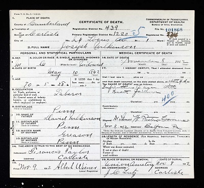 Pennsylvania Death Certificate for Joseph Wilkinson