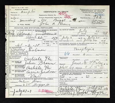 Pennsylvania Death certificate for John R Brown