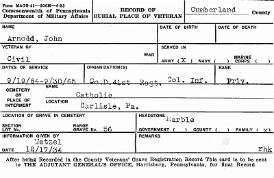 Pennsylvania Veteran Burial Card for John Arnold
