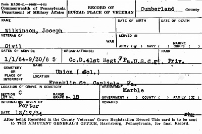 Pennsylvania Veteran Burial Card for Joseph Wilkinson