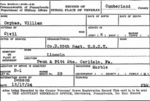 Pennsylvania Veteran Burial Card for William Cephas