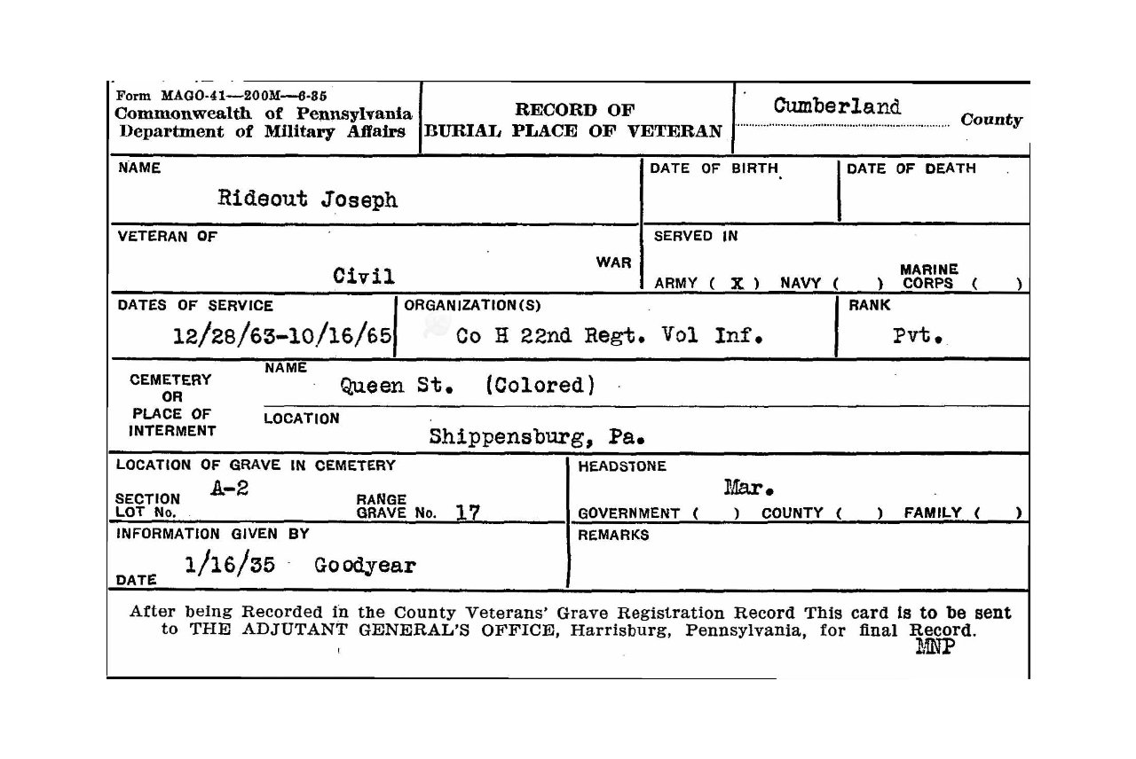 Veterans Burial Card for Joseph Rideout (Pennsylvania Historical and Museum Commission)