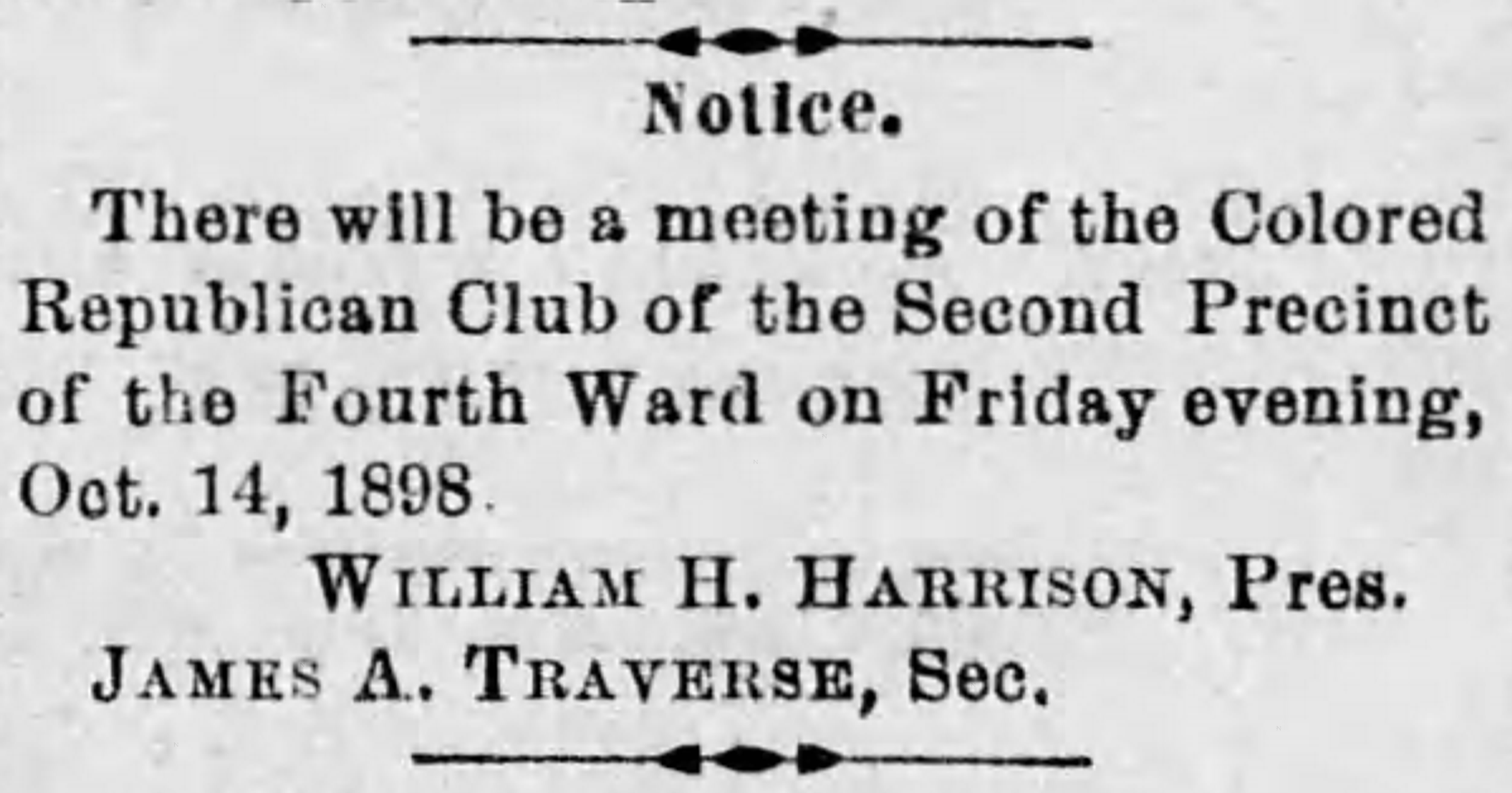 Newspaper notice about a Republican Club meeting, William Harrison is the president. 