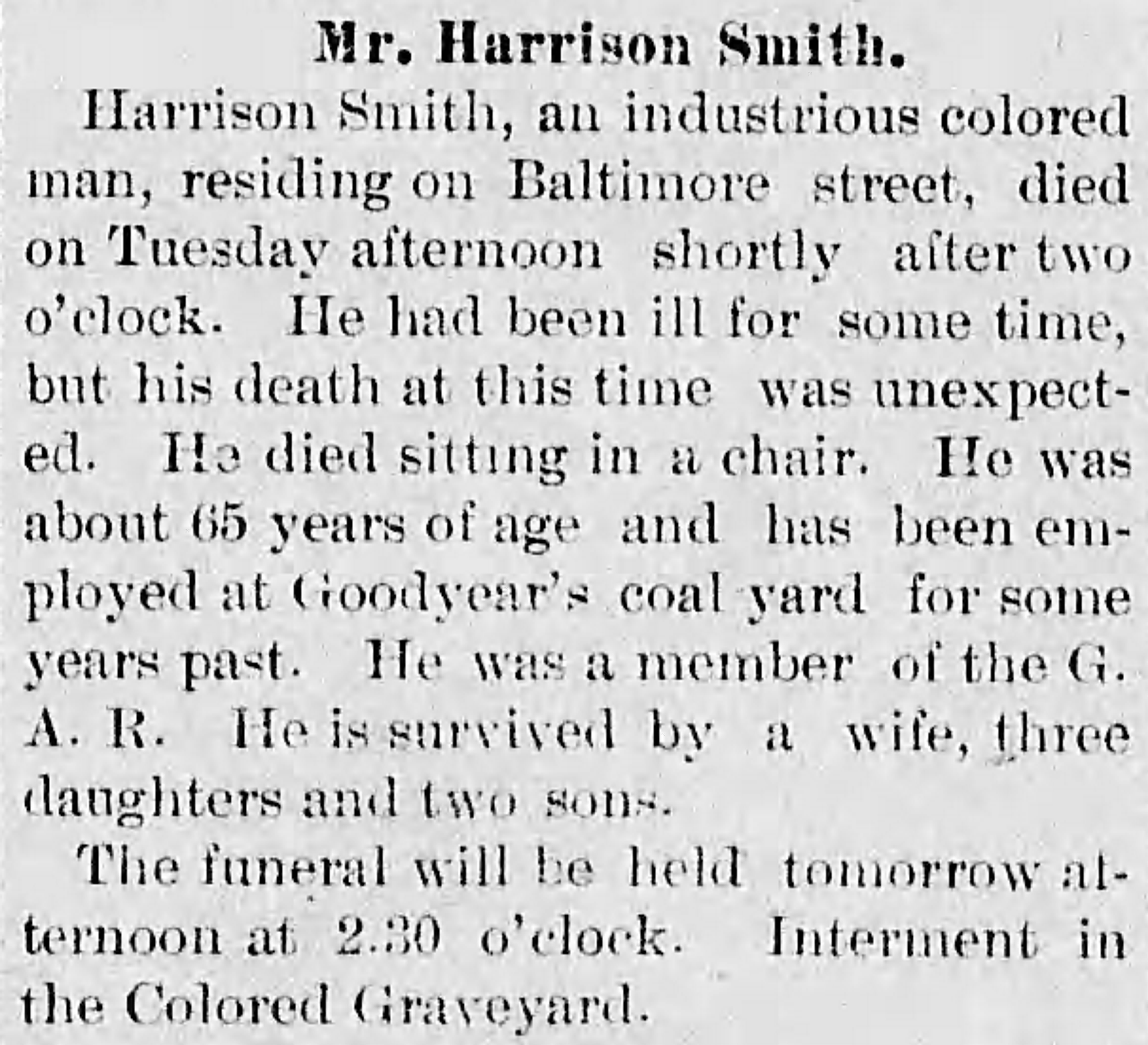 Obituary for Mr. Harrison Smith