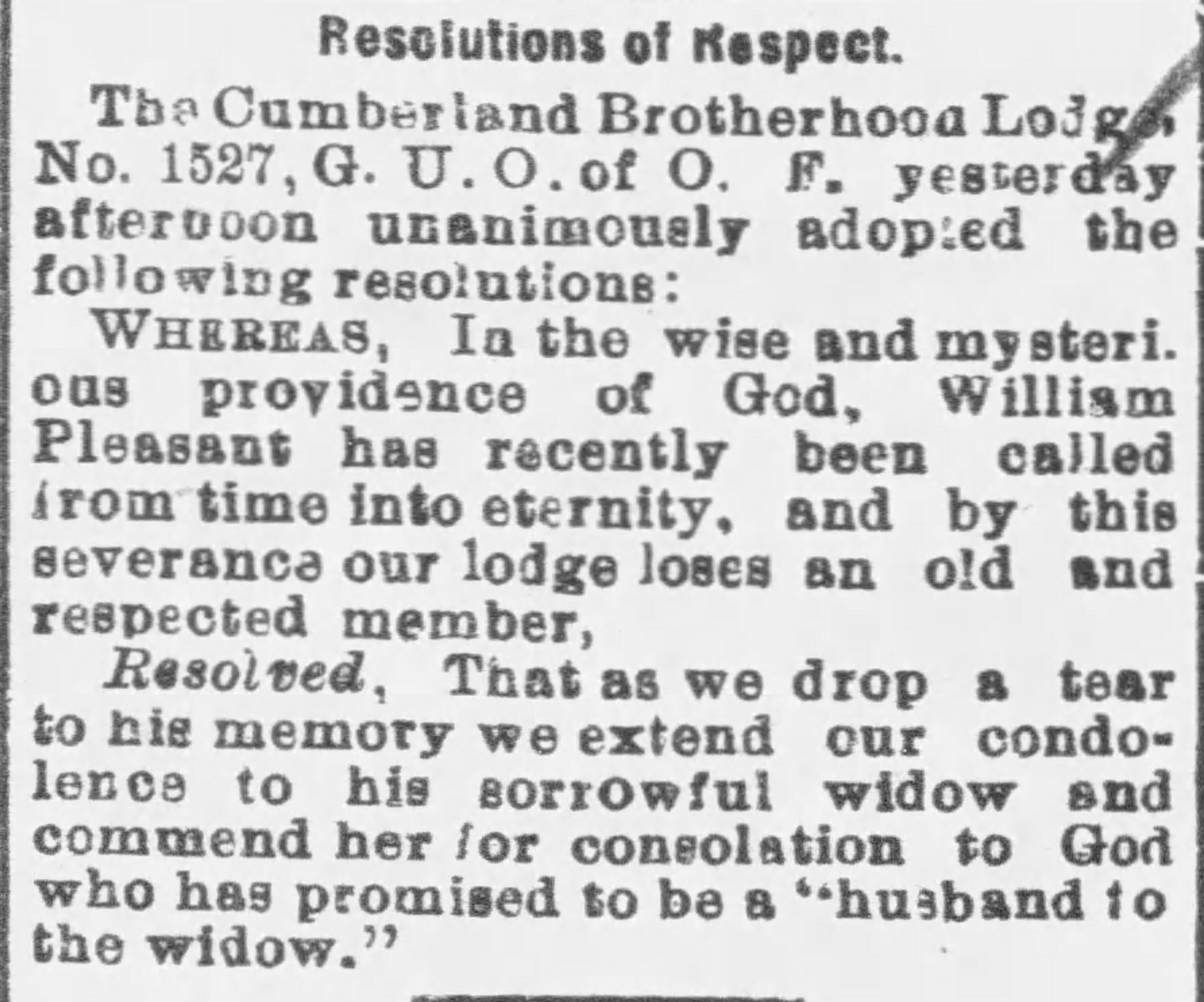 A newspaper article by the Cumberland Brotherhood Lodge paying their respects to the family of William Pleasant