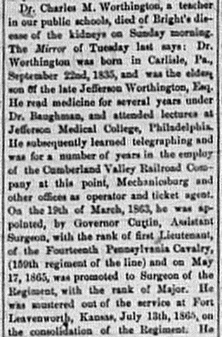 Scan of Charles M. Worthington's obituary in the American Volunteer on October 17, 1878