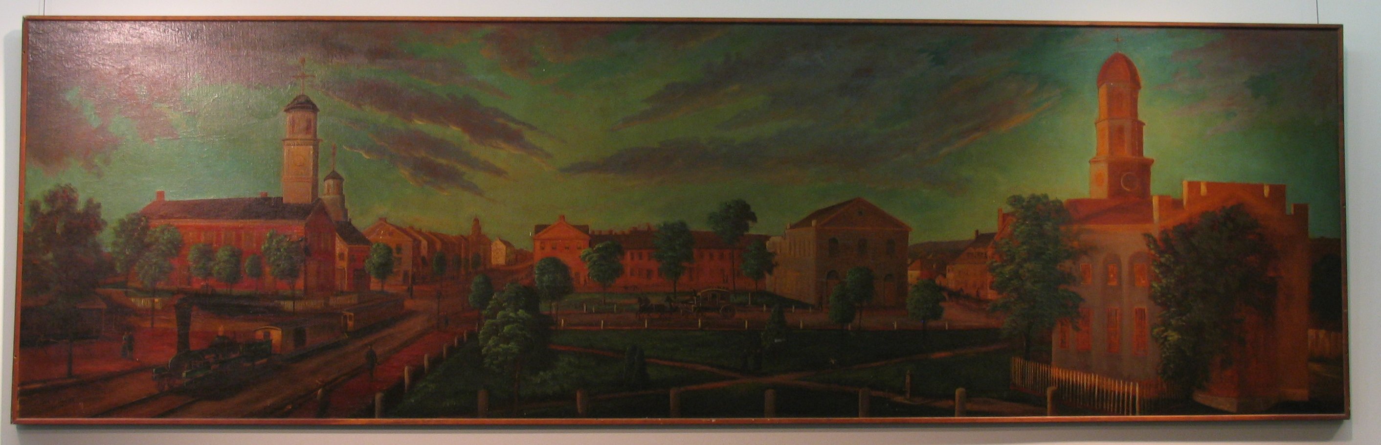 Picture of a large framed Paul Bloser oil on canvas of the Carlisle Public Square ca 1840, done in 1934, part of the Hotel Argonne series. Signed and dated in the lower right corner. 