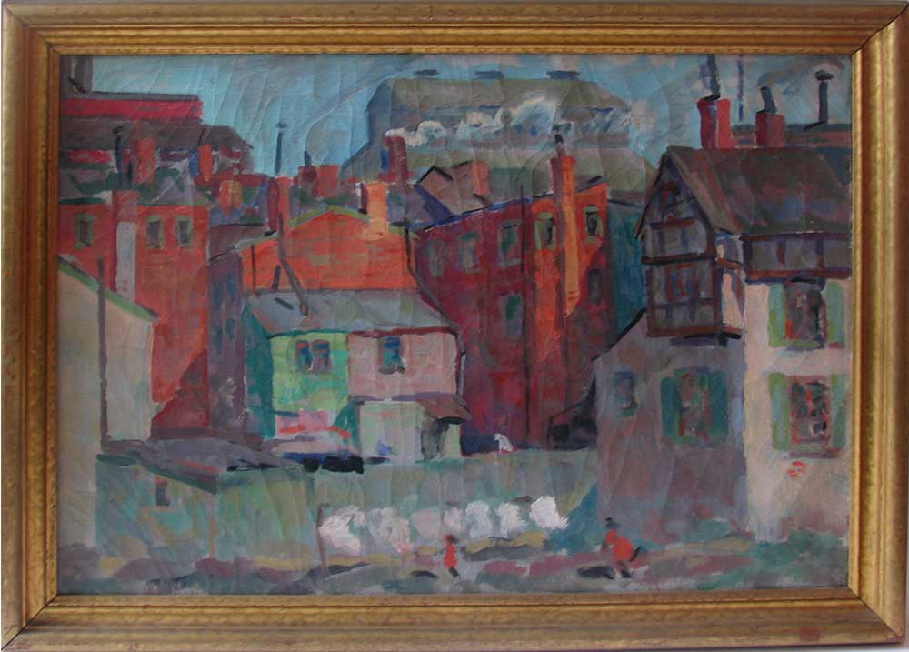 Photo of ‘Manayunk’, a colorful cityscape, oil on canvas.