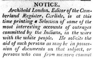 Scan of an advertisement for Loudon's Narratives, or Outrages Committed By The Indians, etc