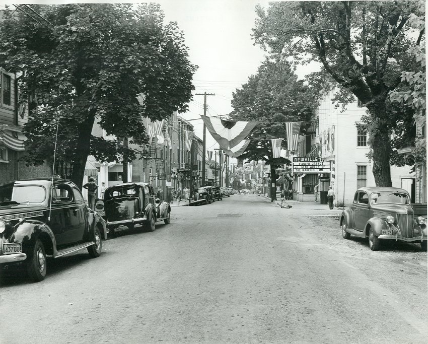 Photo of High Street in Newville, Pennsylvania, decorated for the town's sesquicentennial.