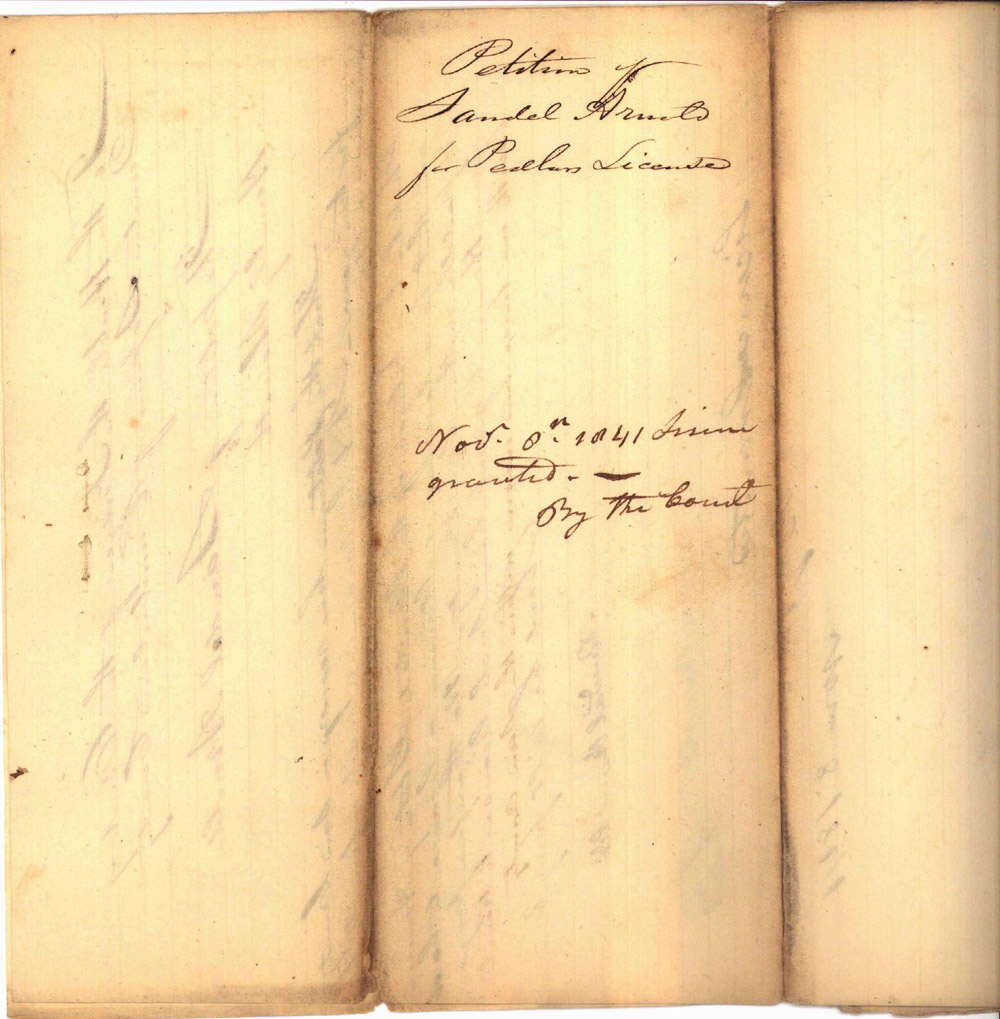 Scan of the first page of the Peddler's license issued to Sandel Arnold