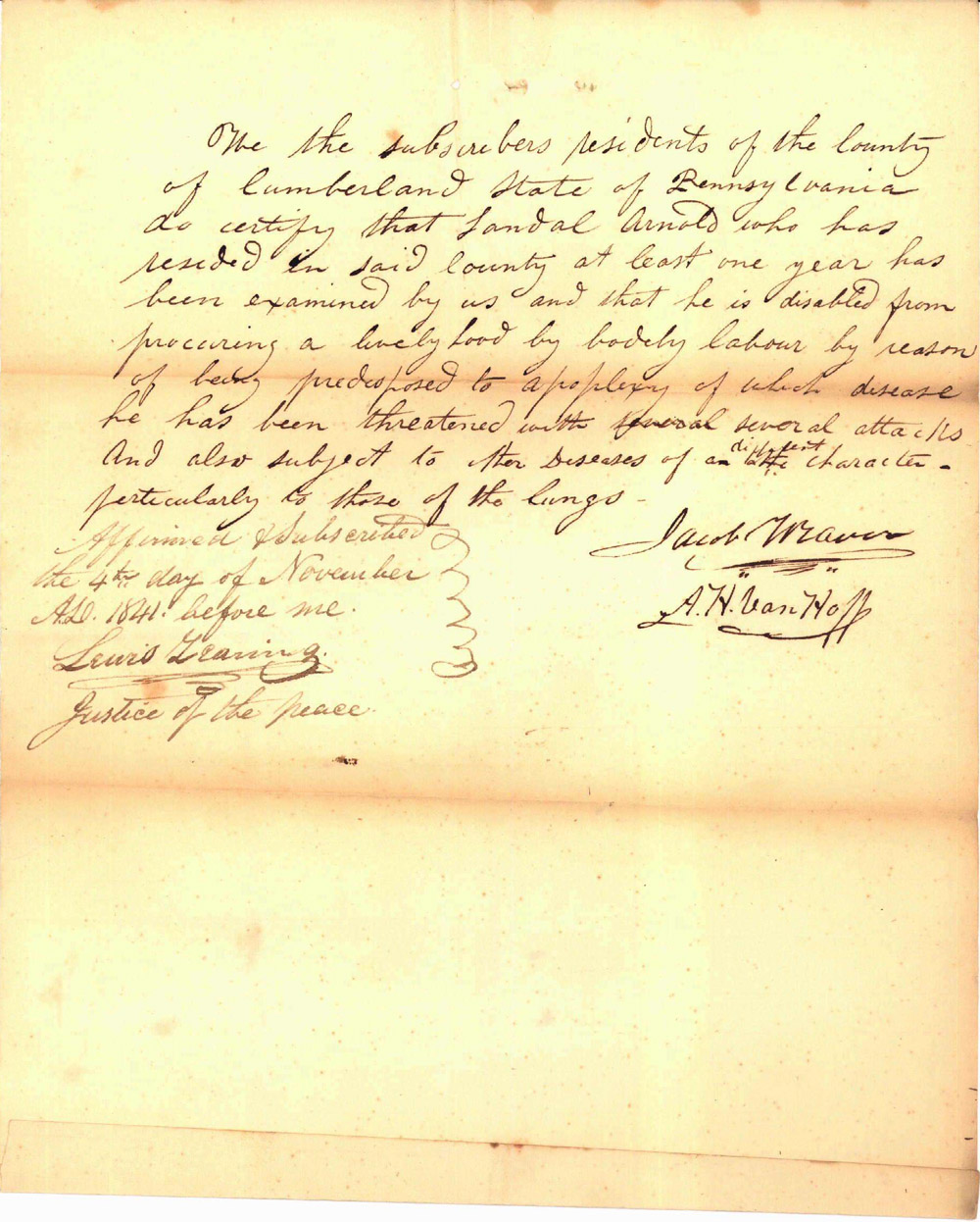Scan of the second page of the Peddler's license issued to Sandel Arnold