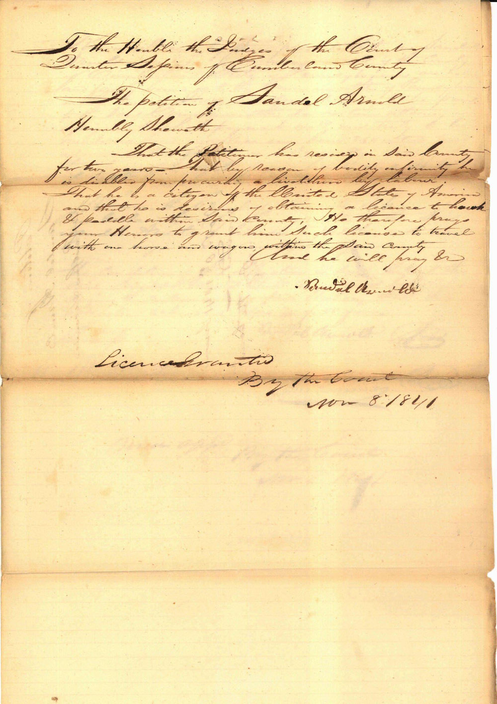 Scan of the third page of the Peddler's license issued to Sandel Arnold