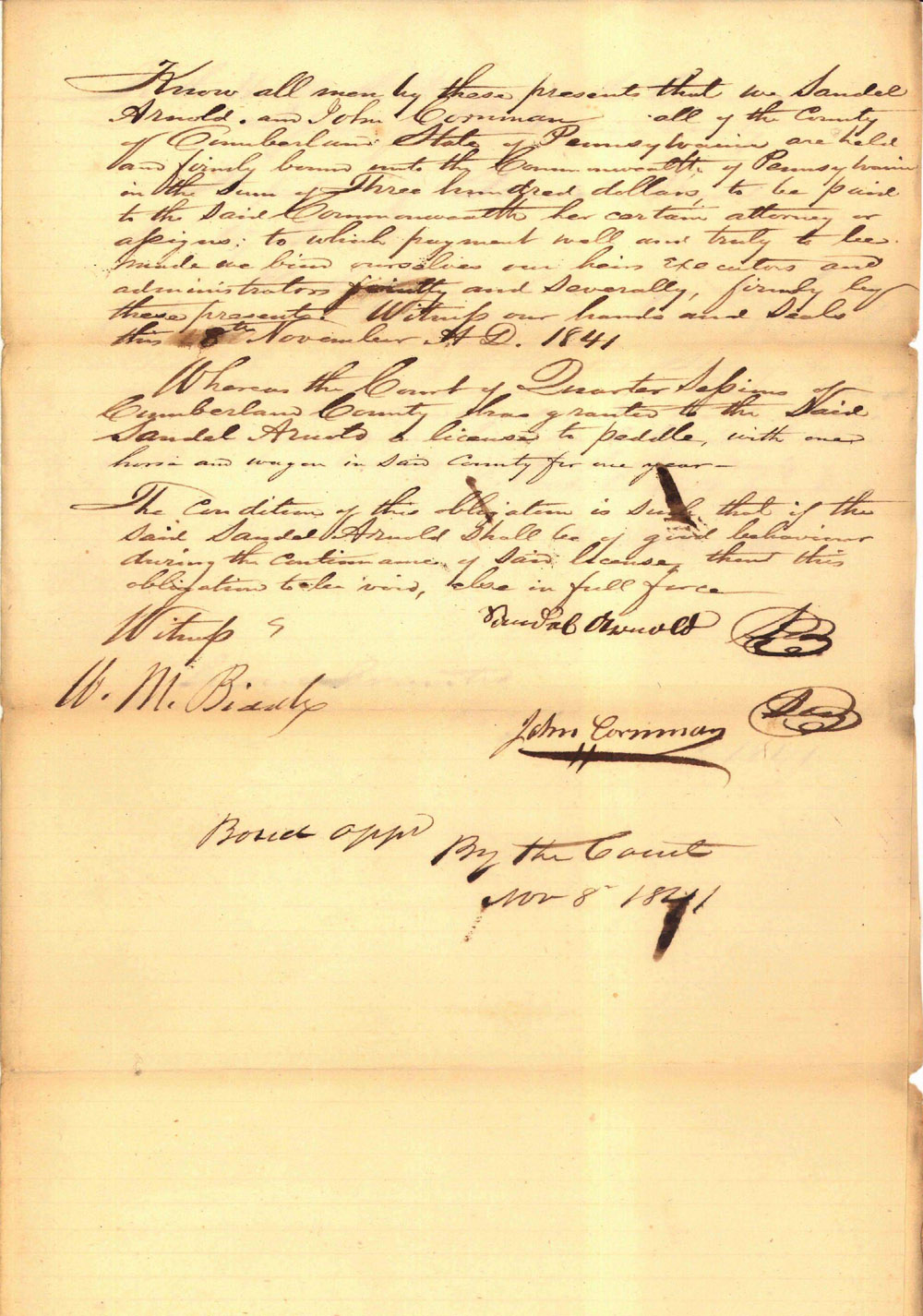 Scan of the fourth page of the Peddler's license issued to Sandel Arnold