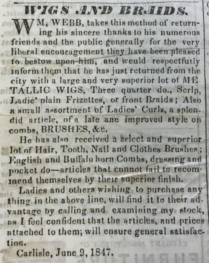 Scan of Webb's Advertisement in the Carlisle Herald, June 6, 1847