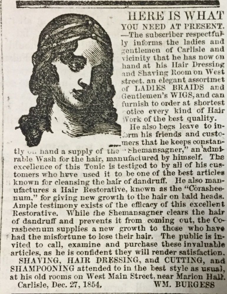 Scan of Burgess’s advertisement in the Carlisle Herald, January 31, 1855.