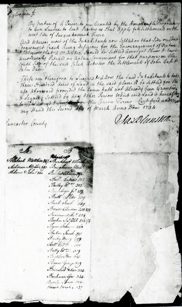 Authorization of Samuel Blunston to grant settlements on the West side of the Susquehanna River.