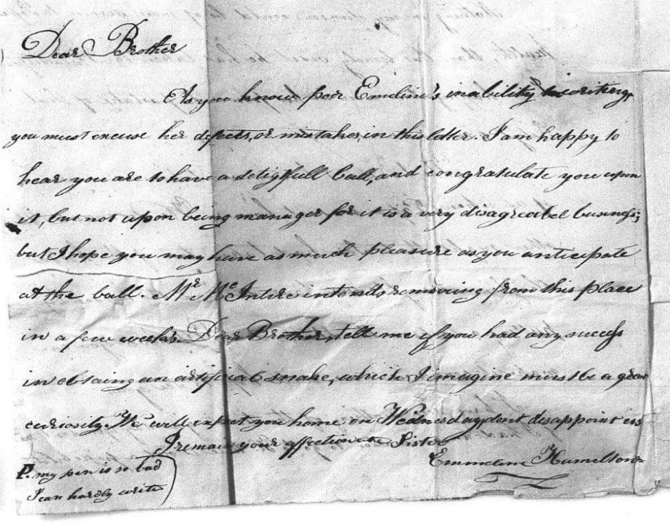 Scan of letter to James Hamilton with postscript by Emmeline Hamilton. Historical Society of Pennsylvania. Hamilton Collection, Microfilm Roll #10, Box 20 p. 332.