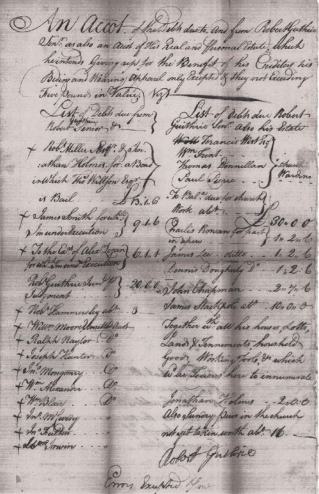 Page from Robert Guthrie Sr.’s Insolvent Debtors Petition, dated January Term 1770, lists the people he owed money to as well as those who owed him money.