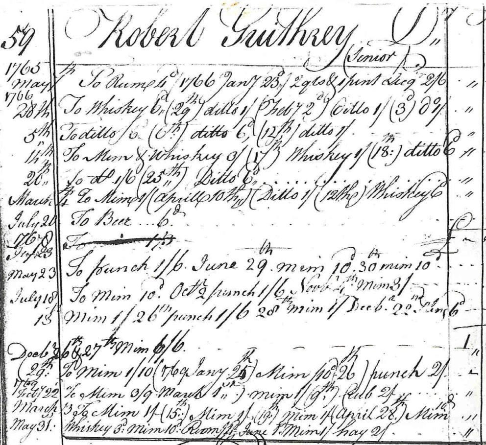 Robert Guthrey’s [sic] tavern account for 1765-1769 with John Fulton who kept the Sign of the Indian Queen in Carlisle before moving to York, PA to keep a tavern. York Heritage Trust, York, Pennsylvania.