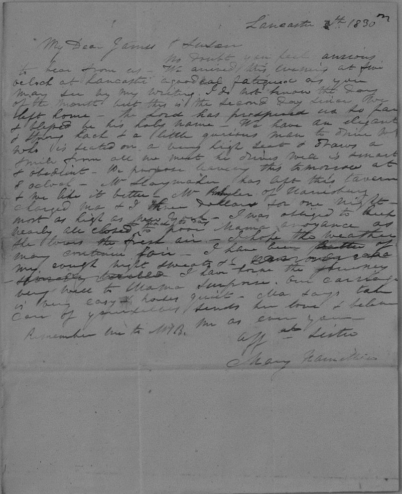 Scan of a letter from Mary Hamilton to James and Susan Hamilton from Lancaster, PA. 1830