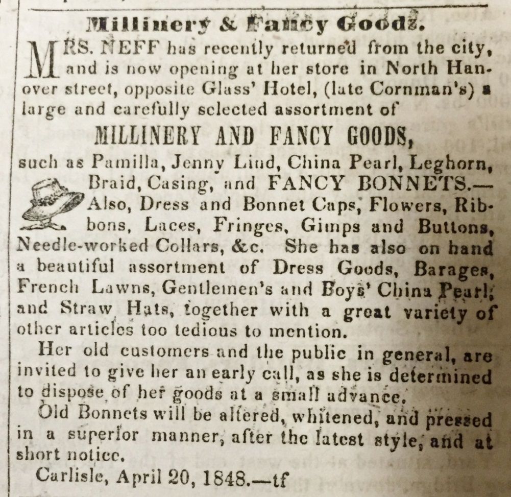 Photo of the April 1948 Advertisement for Neff's Millinery and Fancy Goods.