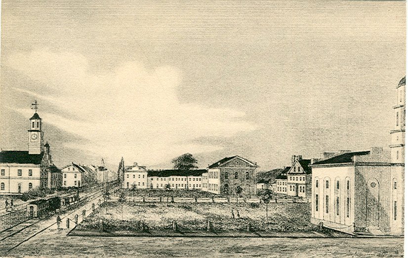 Divided back;  B & W sketch of the Carlisle Square as of 1843