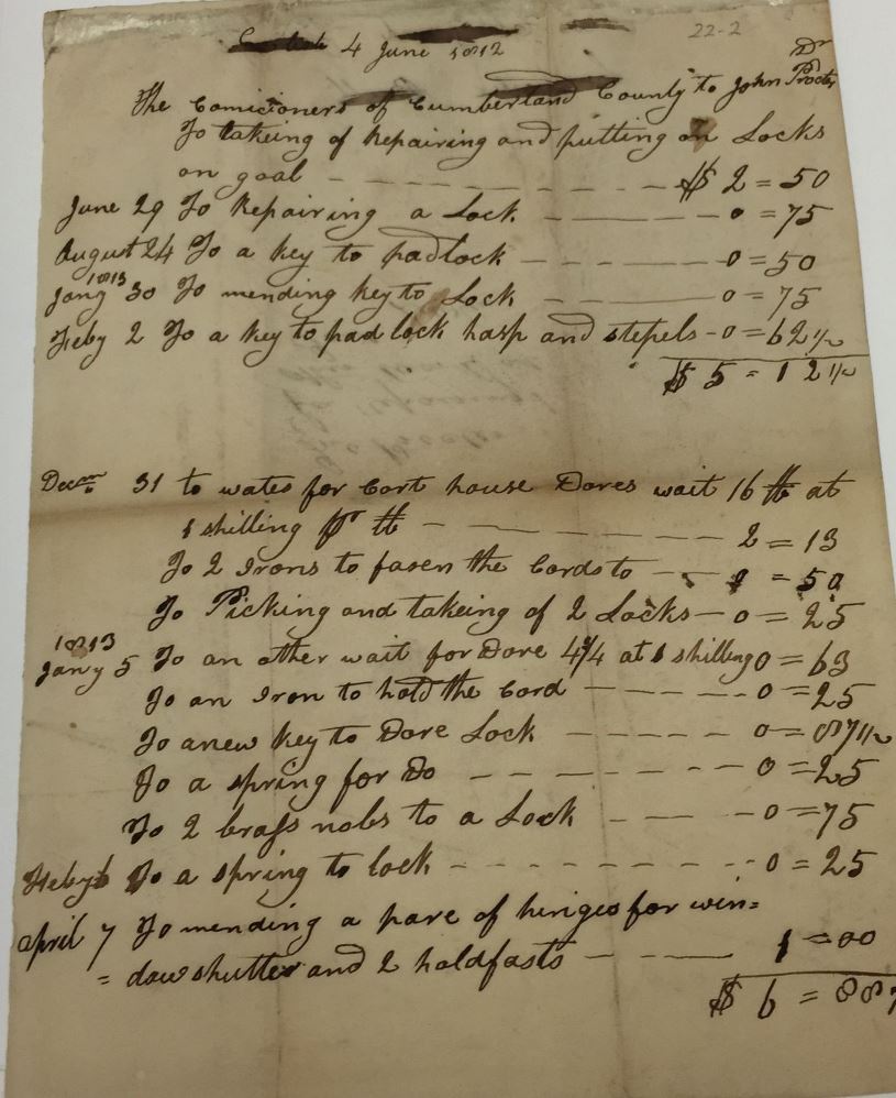 Scan of Proctor’s list of charges for work done for the county buildings in 1812 and 1813 and submitted to the County Commissioners for payment.
