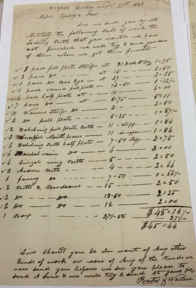 Scan of Proctor and Wallace’s 1828 bill to Harrisburg hardware merchants Oglesby and Pool.