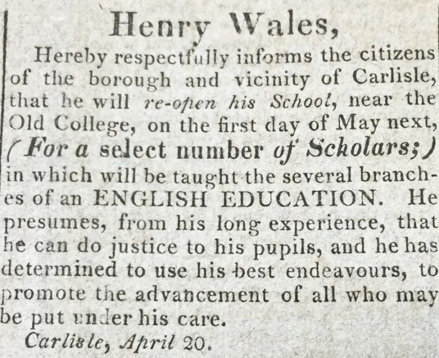 Scan of Wales Advertisement in the American Volunteer, April 27, 1826