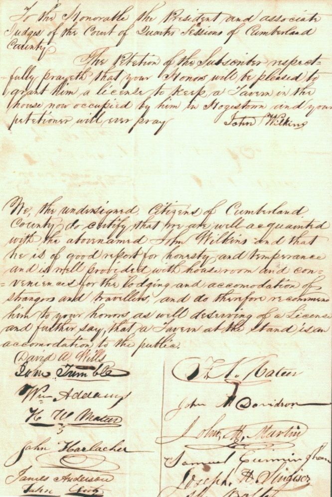 Scan of John ‘Black Jack’ Wilkins’ 1844 petition to keep a tavern in Hogestown with the signatures of local men who attested to his ability to do so. Clerk of Courts, Tavern License Petition 1844.060.1-2. Cumberland County Archives.