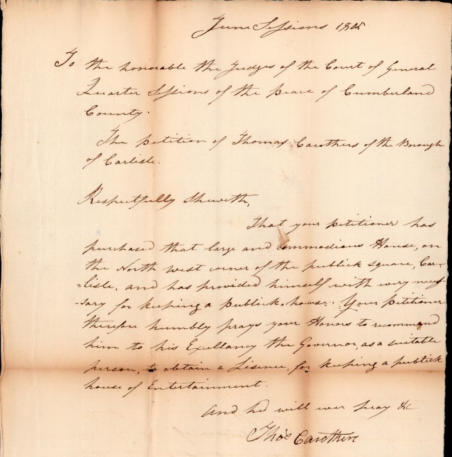 Thomas Carothers’ 1805 petition for a tavern license.