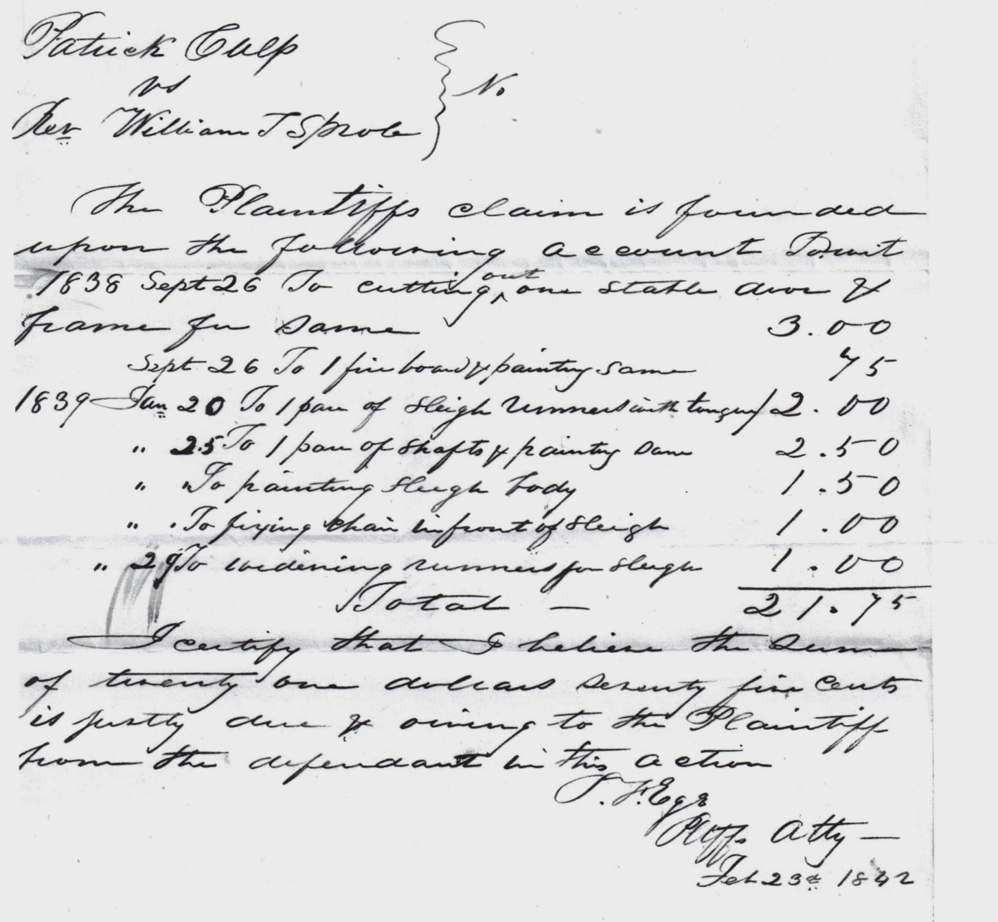 Scan of Culp’s account of the work done for Reverend Sprole.