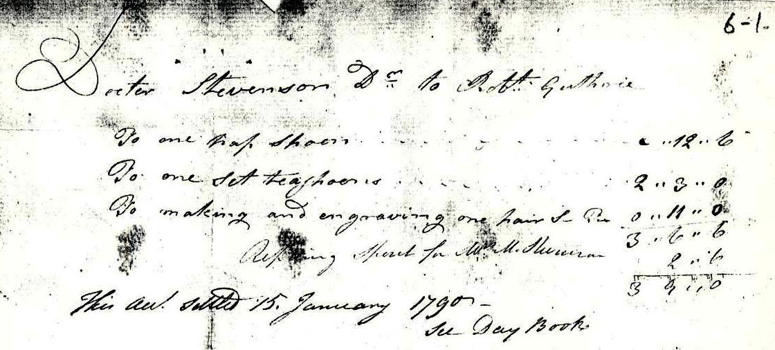 Scan of Robert Guthrie’s bill to Doctor George Stevenson for various items and repairs