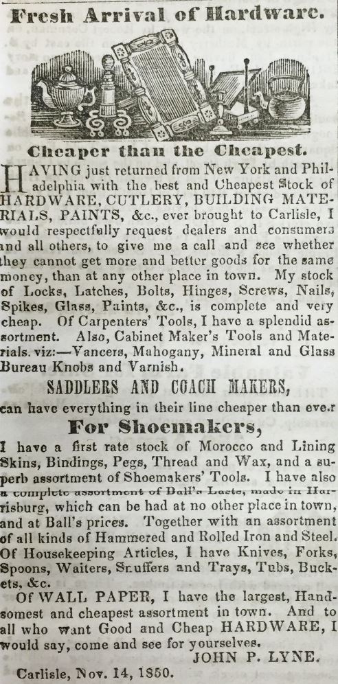 Scan of Lyne advertisement in the American Volunteer, December 19, 1850.