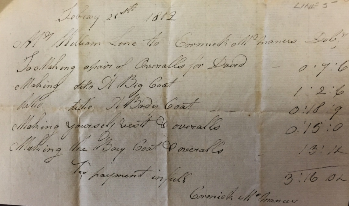 Photo of McManus’s 1812 tailor bill to William Line lists the prices charged for the clothing he made for Line.