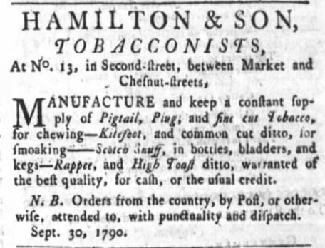 1790 Philadelphia tobacconists’ advertisement 