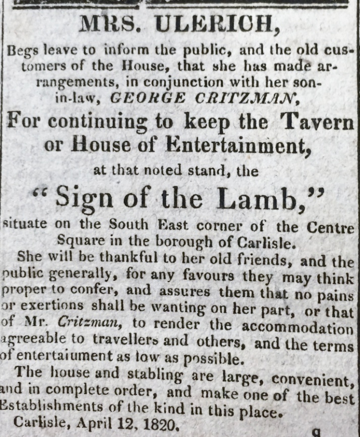 Scan of an advertisement in the May 4, 1820 edition of the American Volunteer newspaper